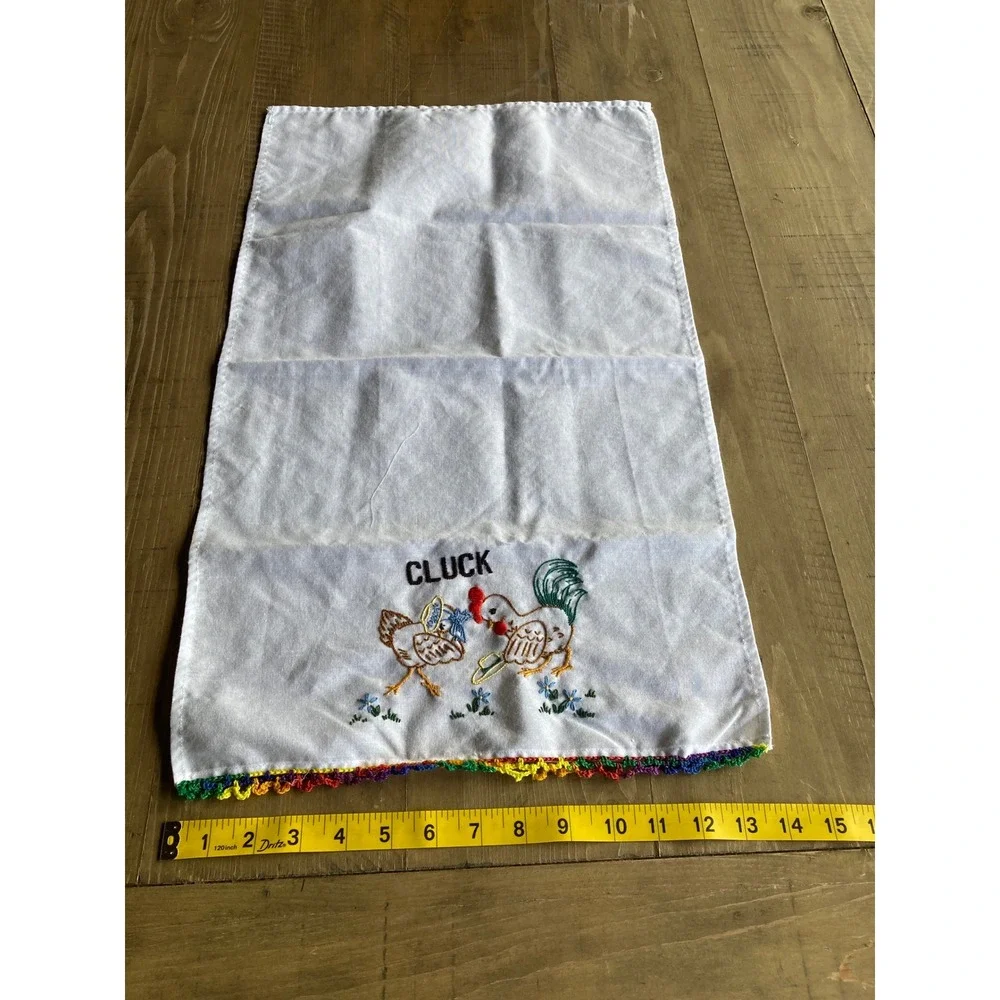 Vintage Hand Embroidered Chicken Tea Towels Set of 2 Rainbow Crochet Trim White